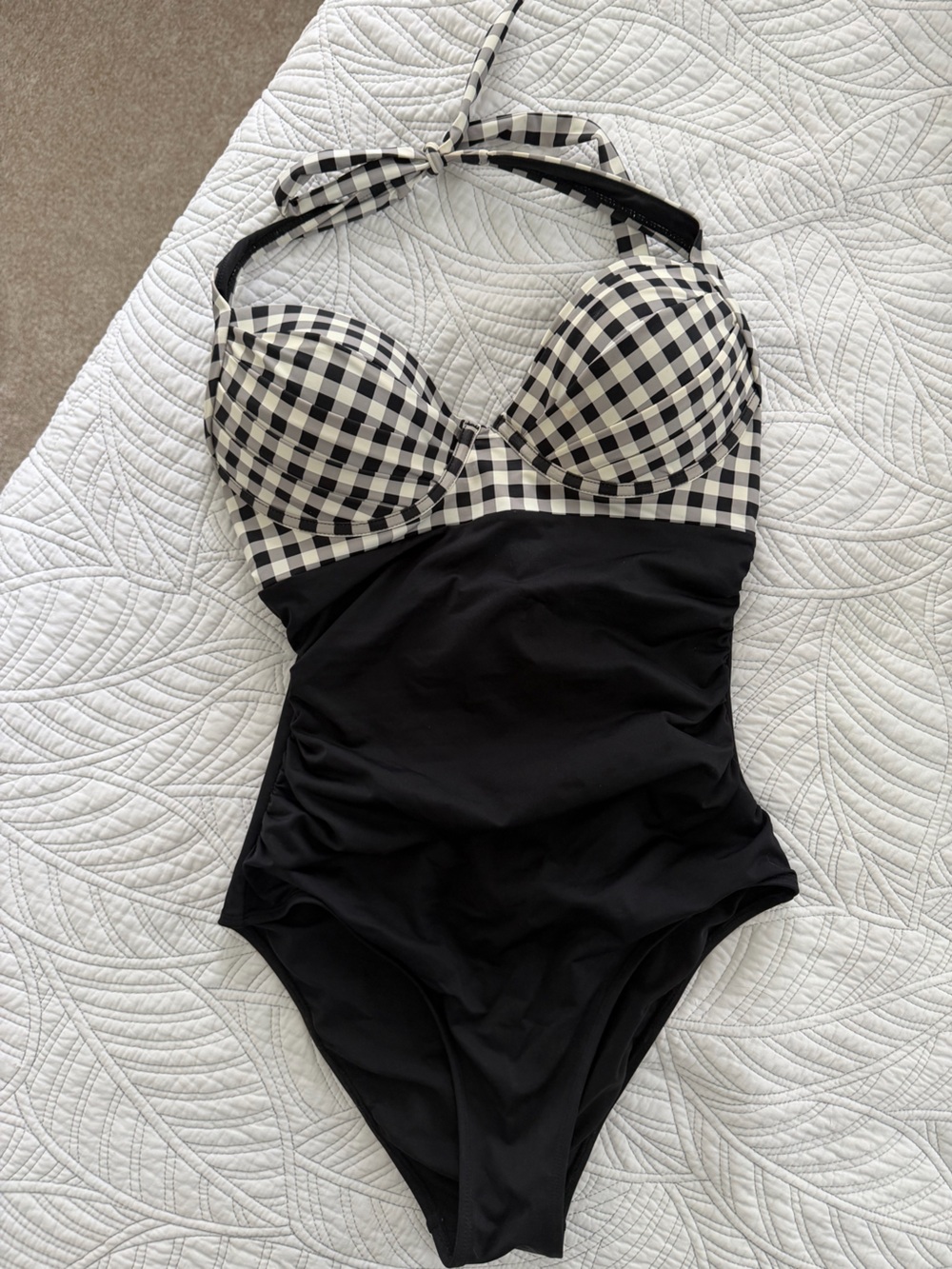 Black One-Piece Swimsuit with Black-and-White Gingham Cups
